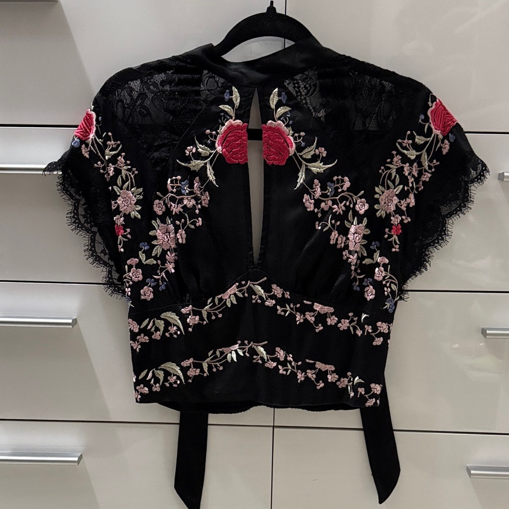 Free People Black Floral Embroidered Blouse